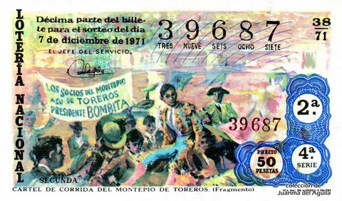 Décimo de Lotería Nacional de 1971 Sorteo 38 - CARTEL DE CORRIDA DEL MONTEPIO DE TOREROS. (Fragmento)
