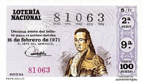 Décimo de Lotería Nacional de 1971 Sorteo 5 - PEPE-HILLO