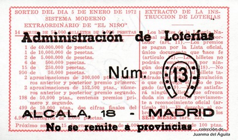 Reverso décimo de Lotería 1972 / 1