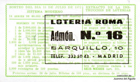 Reverso del décimo de Lotería Nacional de 1972 Sorteo 23