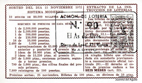 Reverso del décimo de Lotería Nacional de 1972 Sorteo 36