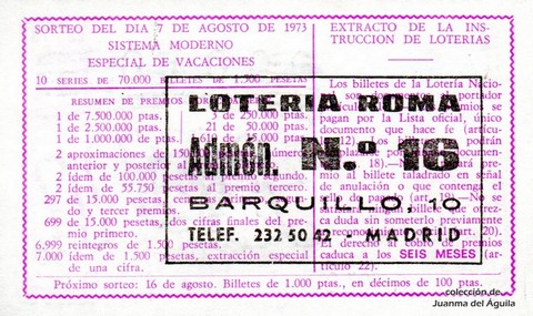 Reverso décimo de Lotería 1973 / 25