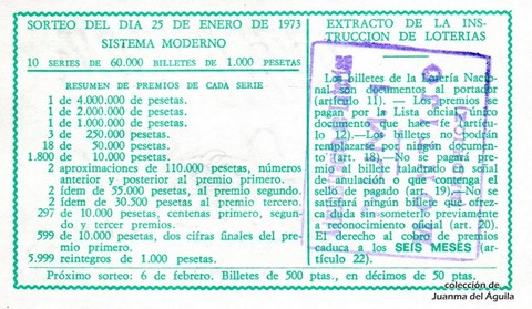 Reverso décimo de Lotería 1973 / 3