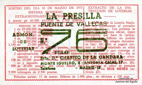 Reverso décimo de Lotería 1973 / 7