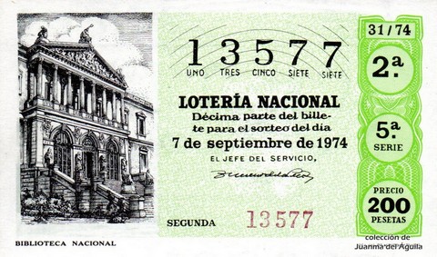 Décimo de Lotería Nacional de 1974 Sorteo 31 - BIBLIOTECA NACIONAL