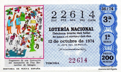 Décimo de Lotería Nacional de 1974 Sorteo 36 - HISTORIA DE NUEVA ESPAÑA