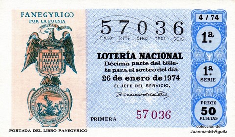 Décimo de Lotería Nacional de 1974 Sorteo 4 - PORTADA DEL LIBRO PANEGYRICO