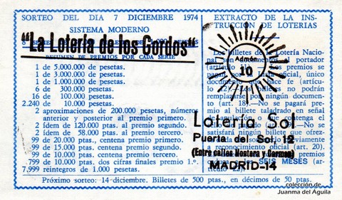 Reverso décimo de Lotería 1974 / 43