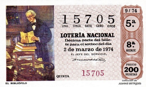 Décimo de Lotería Nacional de 1974 Sorteo 9 - EL BIBLIÓFILO