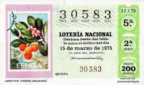 Décimo de Lotería Nacional de 1975 Sorteo 11 - ARBUTUS UNEDO (Madroño)