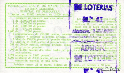 Reverso del décimo de Lotería Nacional de 1975 Sorteo 11