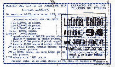 Reverso décimo de Lotería 1975 / 15