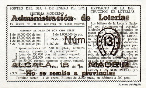 Reverso décimo de Lotería 1975 / 1