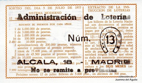 Reverso décimo de Lotería 1975 / 26