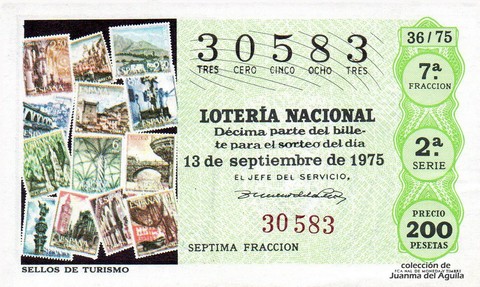 Décimo de Lotería Nacional de 1975 Sorteo 36 - SELLOS DE TURISMO