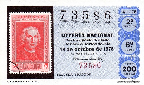 Décimo de Lotería Nacional de 1975 Sorteo 41 - CRISTOBAL COLON