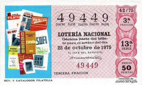Décimo de Lotería Nacional de 1975 Sorteo 42 - REV. Y CATALOGOS FILATELIA