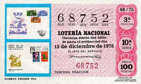 Décimo de Lotería Nacional de 1975 Sorteo 48 - SOBRES PRIMER DIA