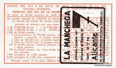 Reverso del décimo de Lotería Nacional de 1976 Sorteo 17