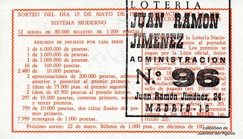 Reverso del décimo de Lotería Nacional de 1976 Sorteo 18