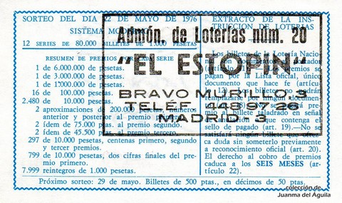 Reverso del décimo de Lotería Nacional de 1976 Sorteo 19