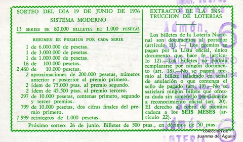 Reverso del décimo de Lotería Nacional de 1976 Sorteo 23