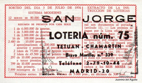 Reverso del décimo de Lotería Nacional de 1976 Sorteo 25