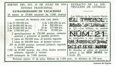 Reverso del décimo de Lotería Nacional de 1976 Sorteo 26