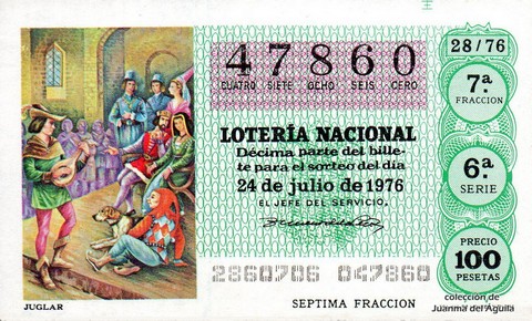 Décimo de Lotería Nacional de 1976 Sorteo 28 - JUGLAR