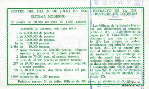 Reverso del décimo de Lotería Nacional de 1976 Sorteo 28