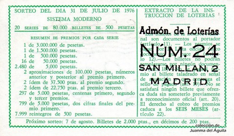 Reverso del décimo de Lotería Nacional de 1976 Sorteo 29