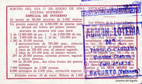 Reverso del décimo de Lotería Nacional de 1976 Sorteo 2