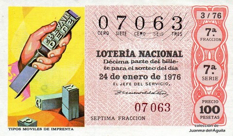 Décimo de Lotería Nacional de 1976 Sorteo 3 - TIPOS MOVILES DE IMPRENTA