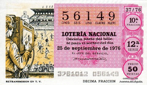 Décimo de Lotería Nacional de 1976 Sorteo 37 - RETRANSMISION EN T.V.
