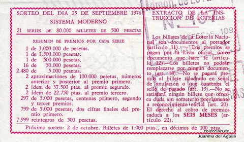 Reverso del décimo de Lotería Nacional de 1976 Sorteo 37