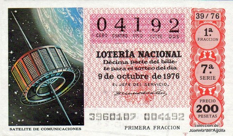 Décimo de Lotería Nacional de 1976 Sorteo 39 - SATELITE DE COMUNICACIONES