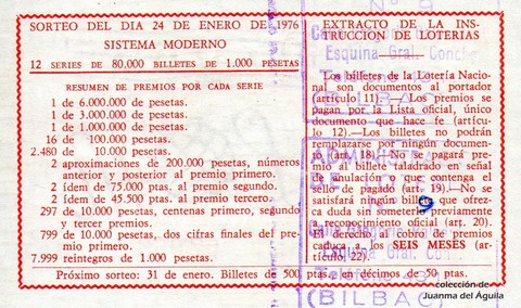 Reverso del décimo de Lotería Nacional de 1976 Sorteo 3