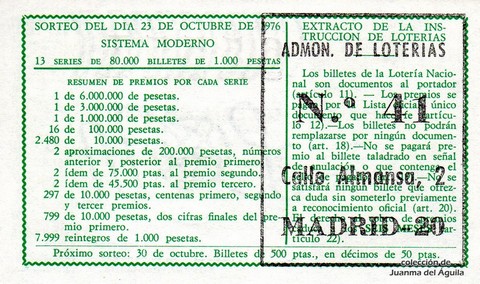 Reverso del décimo de Lotería Nacional de 1976 Sorteo 41