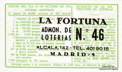 Reverso del décimo de Lotería Nacional de 1976 Sorteo 42