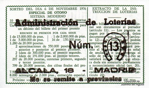 Reverso del décimo de Lotería Nacional de 1976 Sorteo 43