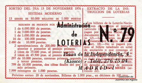Reverso del décimo de Lotería Nacional de 1976 Sorteo 44