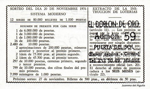 Reverso del décimo de Lotería Nacional de 1976 Sorteo 45