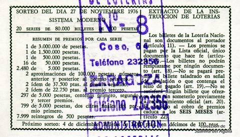 Reverso del décimo de Lotería Nacional de 1976 Sorteo 46