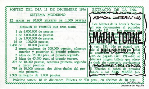 Reverso del décimo de Lotería Nacional de 1976 Sorteo 48
