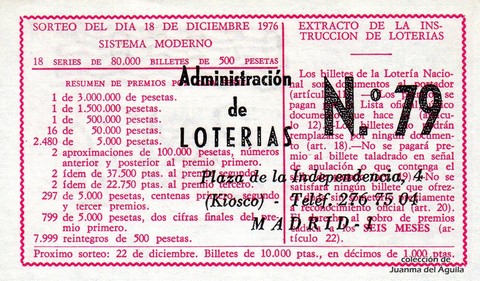 Reverso del décimo de Lotería Nacional de 1976 Sorteo 49