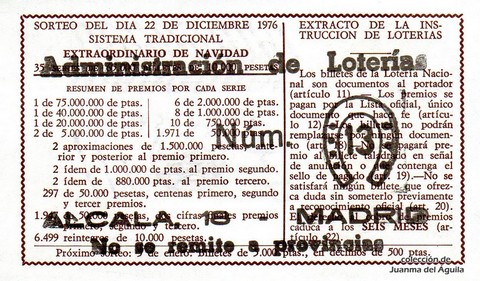 Reverso del décimo de Lotería Nacional de 1976 Sorteo 50