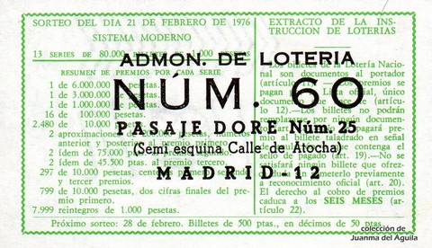 Reverso del décimo de Lotería Nacional de 1976 Sorteo 7