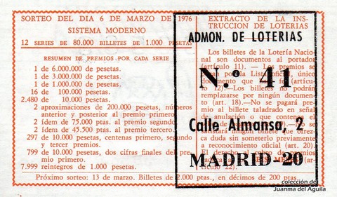 Reverso del décimo de Lotería Nacional de 1976 Sorteo 9