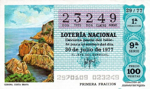 Décimo de Lotería Nacional de 1977 Sorteo 29 - GERONA. COSTA BRAVA