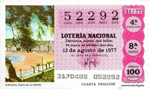Décimo de Lotería Nacional de 1977 Sorteo 31 - GUIPUZCOA. PLAYA DE LA CONCHA